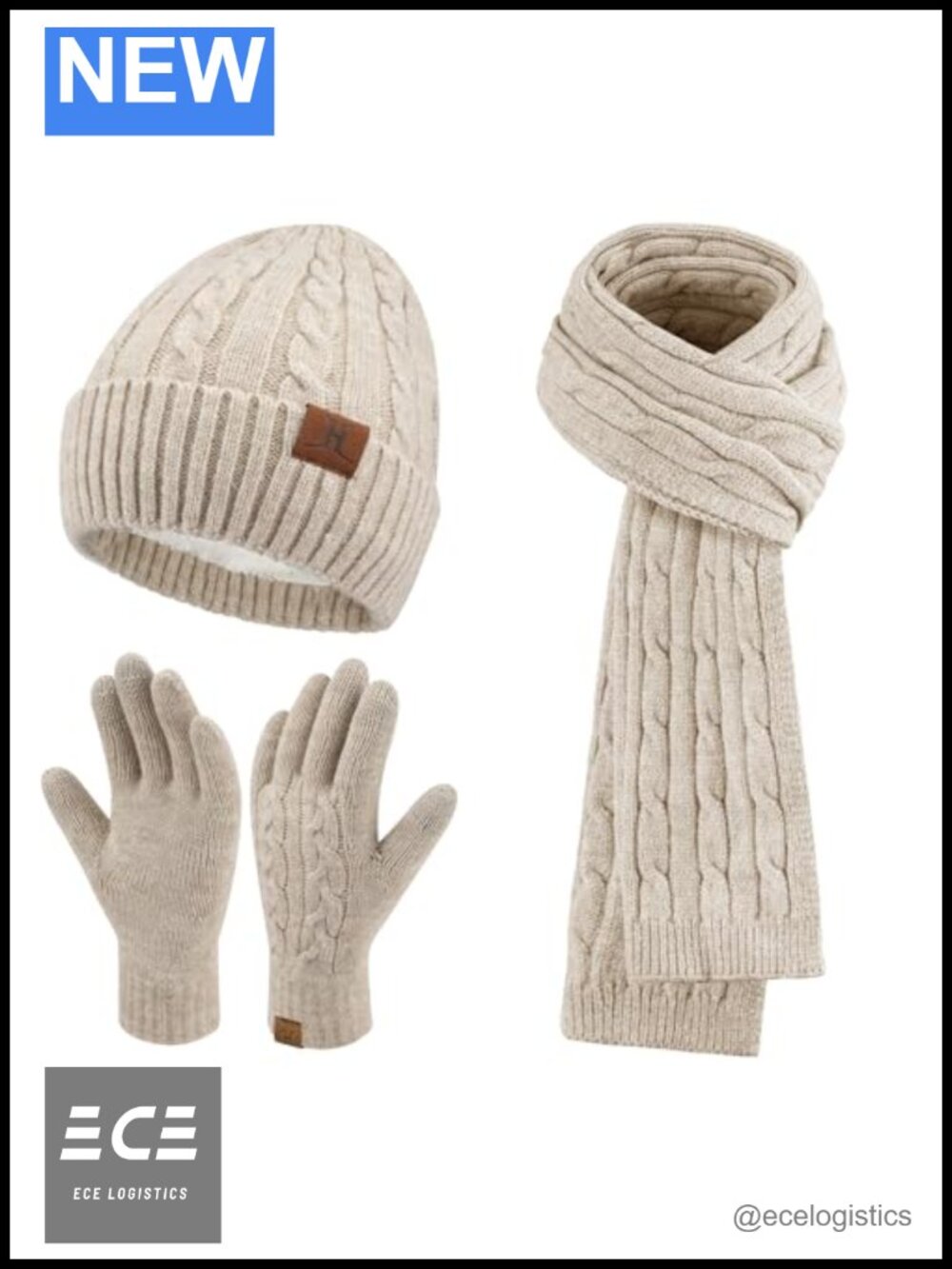 3-Piece Cable Knit Winter Set Fleece Lined Beanie Infinity Scarf Touchscreen